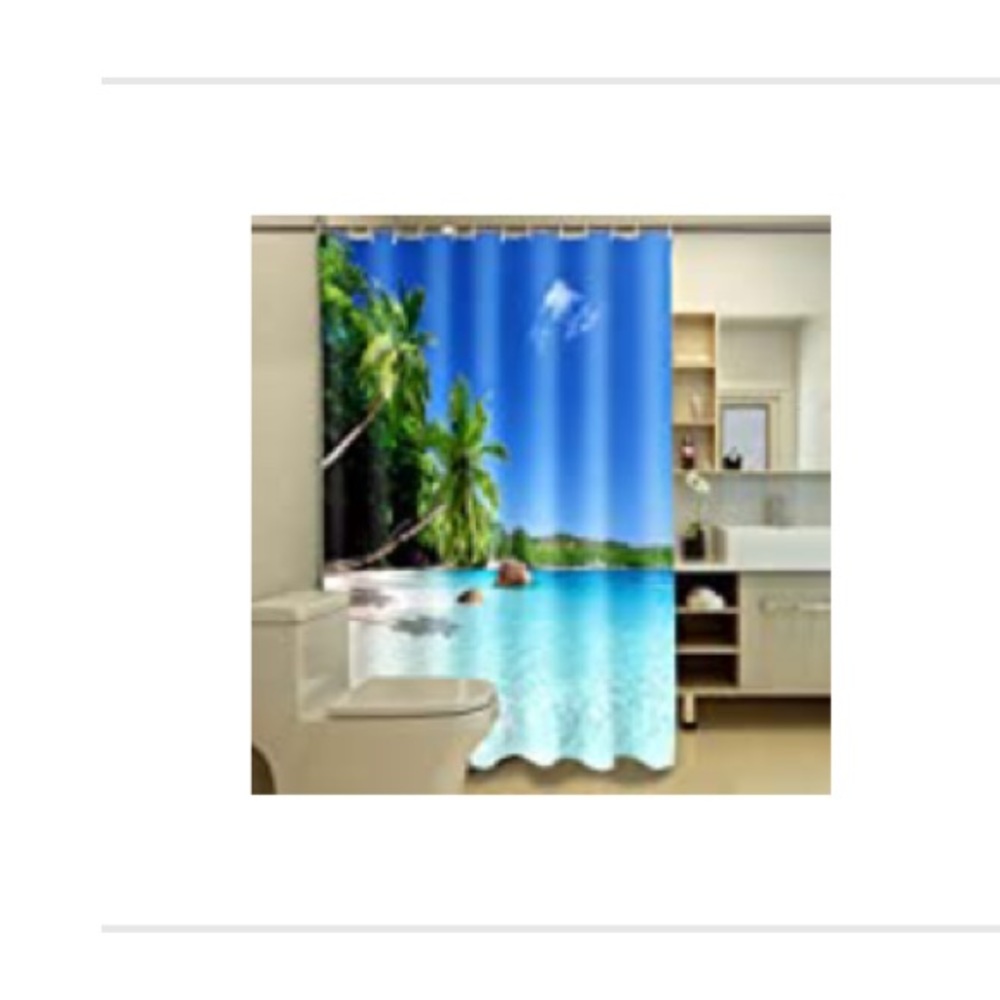 Shower curtain. Palm tree beach scene. 72 x 72